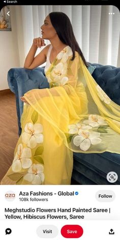 Yellow Chiffon Saree, Floral Sari, Saree Yellow, Saree Chiffon, Saree For Wedding, Pure Chiffon Sarees, Floral Print Sarees