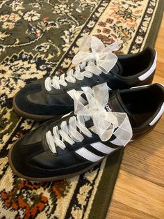 Black Sambas Decorated, Adidas With Ribbon Laces, Adidas With Ribbon, Ribbon Sneakers, Adidas Aesthetic, Ribbon Shoe Laces