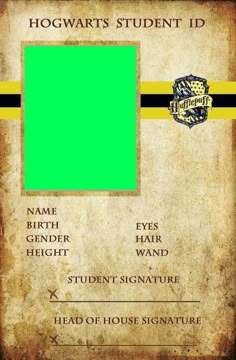 the hogwarts student id is displayed on an old paper with yellow and black stripes