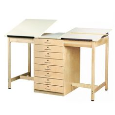 a wooden desk with drawers and a white paper on the top one drawer is open