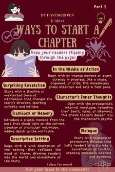 an info sheet describing how to start a novel with the title,'ways to start a