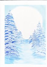 a watercolor painting of snow covered trees