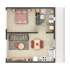 an overhead view of a living room and bedroom in a small apartment, with furniture arranged on the floor