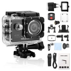 the gopro action camera is shown with accessories