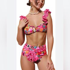 New Sporlike Castle Print Women’s Two Pieces Swimsuit High Waisted Flounce Straps Bikini Batting Size Large With Tags. Chic High-waist Pink Swimwear, Chic Pink Printed Swimwear, Pink Ruffled Tropical Swimwear, Pink Tropical Ruffled Swimwear, Pink Upf 50+ Sports Swimwear, Water Sports Swimwear With 4-way Stretch And Built-in Padding, Tropical Pink Ruffled Swimwear, Pink Sports Swimwear With 4-way Stretch, Swimsuit High Waisted