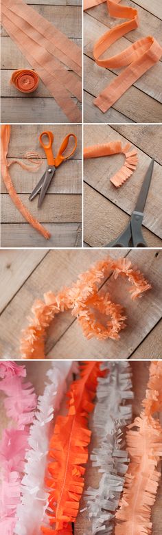 the process of making an orange and pink feather wreath is shown in several different ways