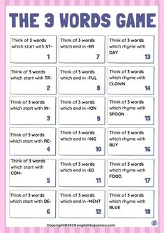 the 3 words game with pink and blue stripes on it, which includes three words