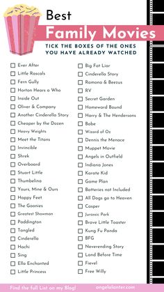 the best family movies list for kids to play with is shown in pink and black