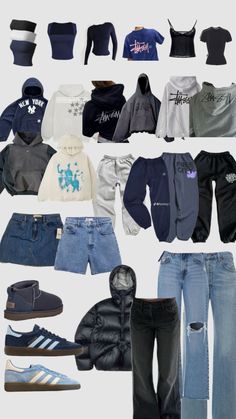 an assortment of clothing and shoes are arranged on a white background, including sweatshirts