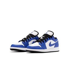 The Air Jordan 1 Low GS 'Game Royal' is a beautiful update to the classic silhouette. The shoe features traditional color blocking, with a white leather base and vibrant blue overlays. The Jumpman icon adorns the nylon tongue, while the retro Wings logo is embroidered across the heel. The low-top rides on a traditional white foam midsole, featuring an encapsulated Air sole unit in the heel. This shoe is sure to make a statement on or off the court. Classic Low-top Jordan Shoes, Classic Jordan Shoes With Contrast Sole And Round Toe, Classic Blue Basketball Shoes With Round Toe, Jordan 1 Low Game Royal, Blue Air Jordan 1, Blue Air, Wings Logo, Air Jordan 1 Low, Jordan 1 Low