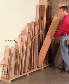 a man standing next to a pile of wooden planks with measurements on the side