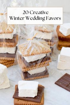 some cookies and marshmallows are stacked on top of each other with the words, 20 creative winter - wedding favors