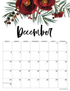 december calendar with red flowers and greenery