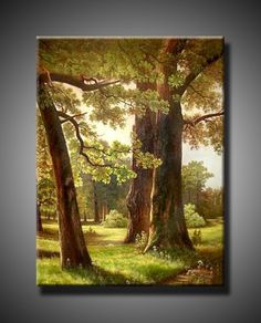 a painting of trees and grass in the middle of a forest with sunlight coming through them