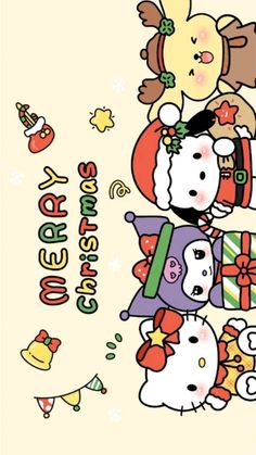 hello kitty christmas card with santa claus and other animals on it's back ground