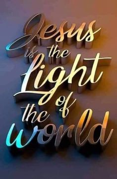 the word jesus is the light of the world written in metal letters on a blue background