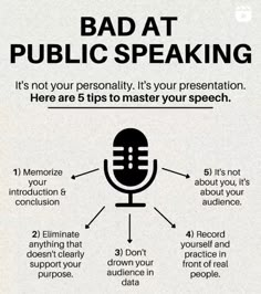 a poster with the words, bad at public speaking here are 5 tips to master your speech