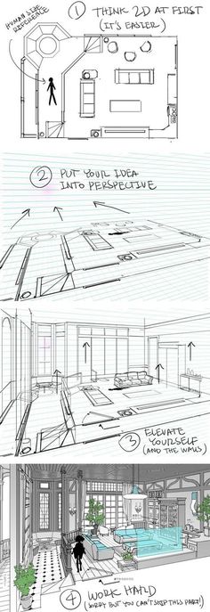 two different views of a living room and kitchen with the floor plan drawn out in perspective