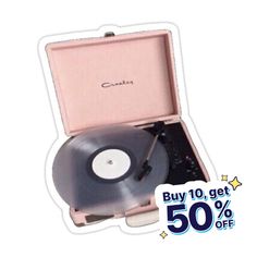 an old record player in its case with the price tag 50 % off on it