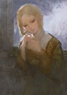 a painting of a woman holding a ring in her right hand and looking down at the ground