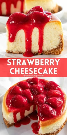 strawberry cheesecake on a plate with one slice cut out