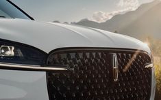 the front end of a white car with mountains in the background