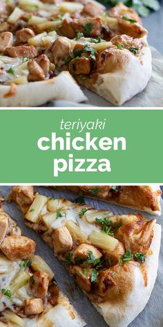 there is a pizza with chicken on it and the words teriyaki chicken pizza