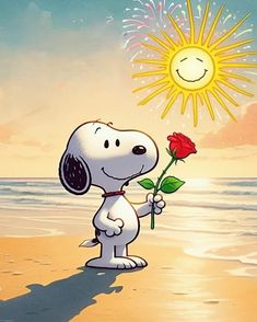 a cartoon dog holding a rose on the beach with a sun in the sky behind it