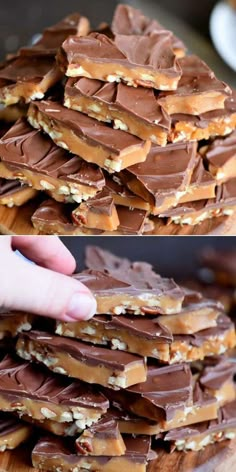 a stack of chocolate covered pretzels sitting on top of a wooden cutting board