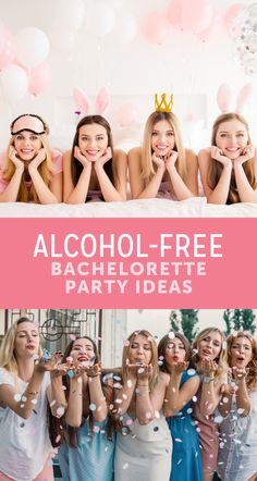 a group of women in pink and blue dresses are posing for the camera with bubbles