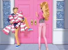 a barbie doll is standing next to a man in front of a pink door