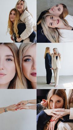 four different pictures of women posing for the camera with their arms around each other and smiling