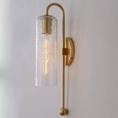 a wall light with a clear glass shade on it's arm and back end