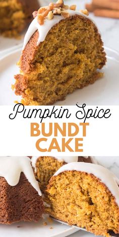 pumpkin spice bundt cake with white frosting on top and the inside cut in half