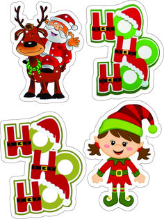 christmas stickers with santa claus, reindeer and snowflakes on the letters in green and red