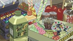 there are many different types of items on the table in this cartoon character's house