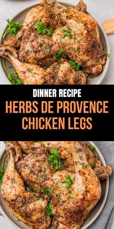 chicken legs on a plate with herbs in the middle and an image of a whole chicken leg