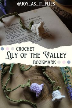 crochet lily of the valley bookmark is displayed in front of an open book