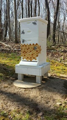 a beehive with bees on it in the woods