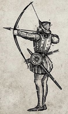 an old fashioned drawing of a man with a bow and arrow in his hand,