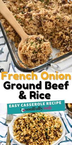 french onion ground beef and rice in a casserole dish