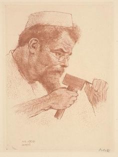 an old man holding a hammer in his right hand and looking at the viewer's eye