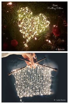 two pictures with lights in the shape of a heart and a hand holding a knitting needle