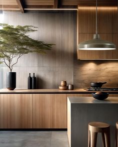 a kitchen with wooden cabinets and stools next to a potted bonsai tree