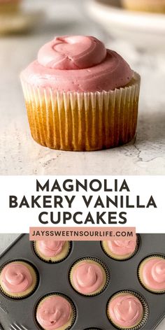 cupcakes with pink frosting in a muffin tin