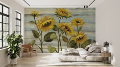 the sunflowers are blooming on the wall in this room, and it looks like they're ready to be painted