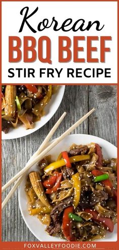 two white plates filled with beef stir fry and chopsticks on top of the plate