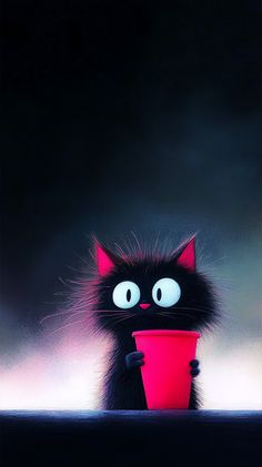 a black cat holding a red cup in it's paws