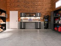 a garage with lots of storage and cabinets