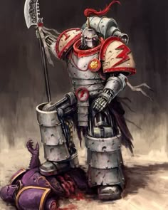 a painting of a man in armor holding a spear and wearing a helmet with spikes on it